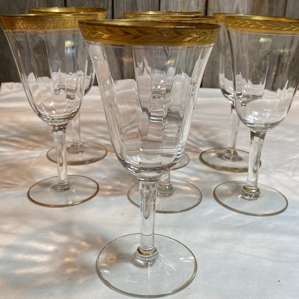 TIFFIN FRANCISCAN Laurel Leaf Gold Encrusted Optic Crystal Wine glass set of 7
